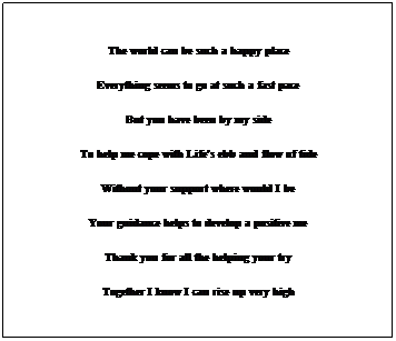 Text Box: The world can be such a happy place 
Everything seems to go at such a fast pace
But you have been by my side 
To help me cope with Life's ebb and flow of tide
Without your support where would I be 
Your guidance helps to develop a positive me
Thank you for all the helping your try 
Together I know I can rise up very high
T
